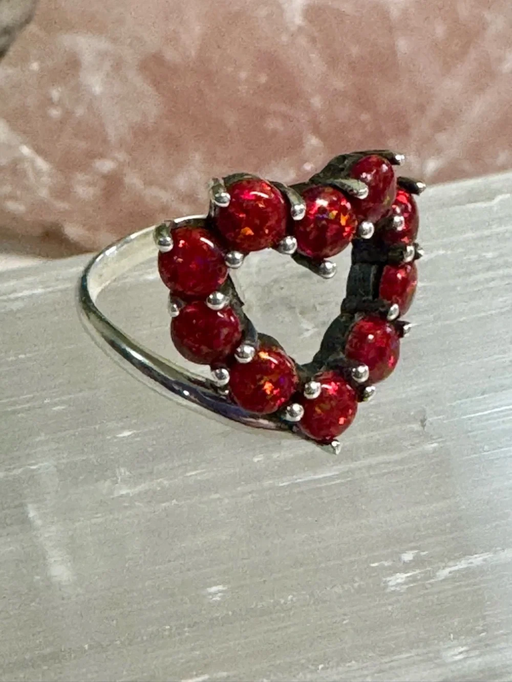 Balloon Opal Red Heart Cluster Ring set in Sterling silver - Picture 3 of 7